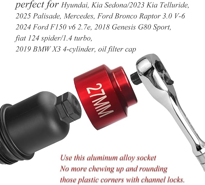 27mm oil filter socket wrench, 3/8" Drive 6-point, for Mercedes Ford f150 Renault Nissan Dodge Hyundai Kia Mini Fiat Bronco oil filter/fuel filter hosing cap Removal tool-27mm