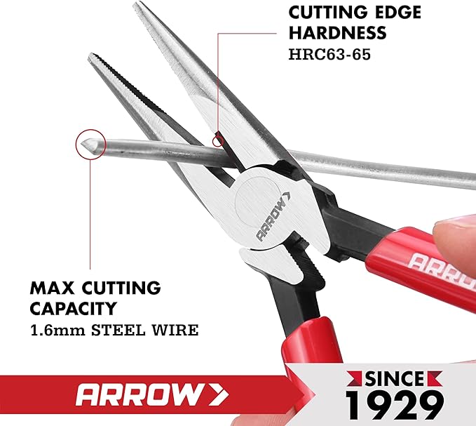 ARROW 6" High Leverage Needle Nose Pliers with Side Cutters, Long Nose Pliers for Gripping, Wire Bending, Cutting