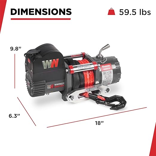 Warrior Winches Samurai 9500 Short Drum lbs 12V Electric Winch with Synthetic Rope - Powerful Electric Winch for Trucks - 9500 lbs Load Capacity - Wireless Remote Included