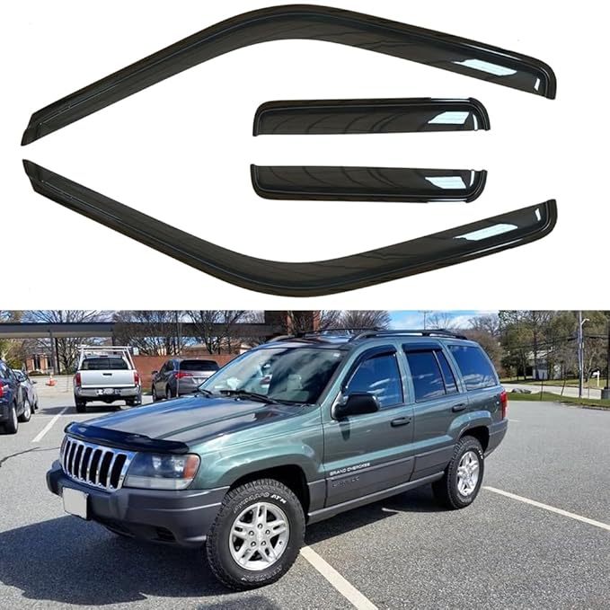4pcs Wind Deflector, Outside Mount Tape-On Waterproof Protective Rain Guards, Sunroof Side Window Visors Compatible with 1999 2000 2001 2002 2003 2004 Jeep Grand Cherokee All Models 94650