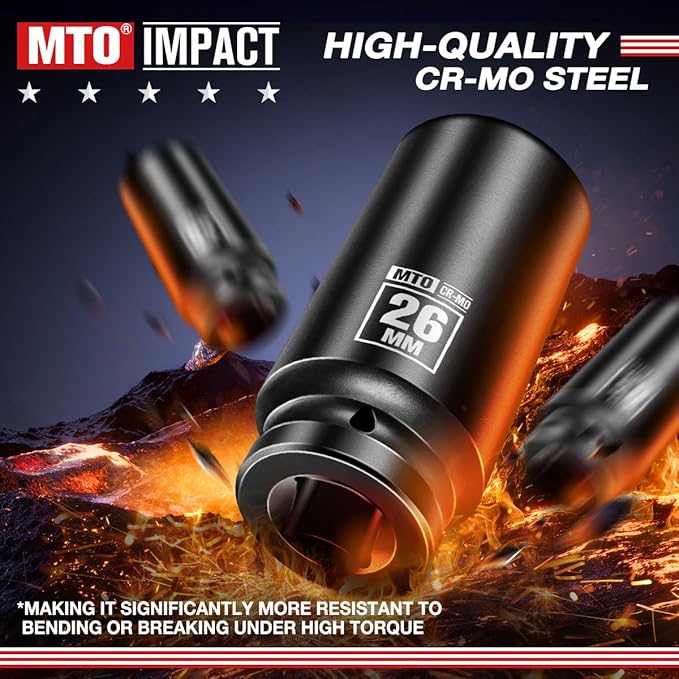 MTO 1/2" Drive 26mm Deep Impact Socket, 6 Pt. Metric Socket, CR-MO Steel & Anti-Corrosion Coating for Heavy-Duty Use