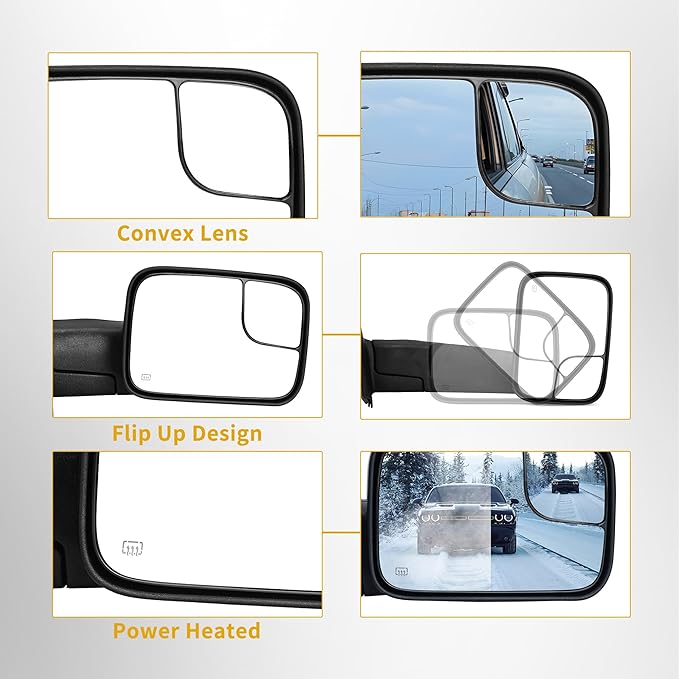 DWVO Side Towing Mirrors Compatible with 2002 2003 2004 2005 2006 2007 2008 Dodge Ram 1500, 03-09 Dodge Ram 2500 3500, Passenger Side Mirror with Power Heated Manul Folding, Black
