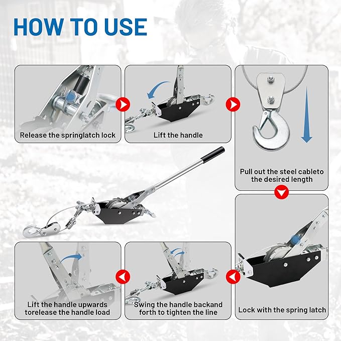 POLESTAR Come Along Winch, 3000 lbs Pull Capacity, 12 ft Steel Cable Hand Winch with 2 Hooks, Heavy Duty Dual Ratchet Cable Winch Puller, Automotive Towing Hoist Puller for Recovery, Moving, Securing