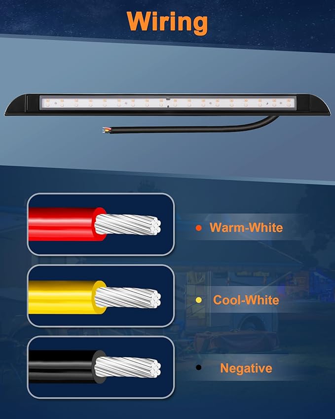 Raycharm 20" RV Camper LED Awning Porch Utility Light Fixture, 40° Down Angle, Amber/White Beam, 12V/24V DC, Waterproof IP67, Plastic Housing Black Finish, 2-Pack