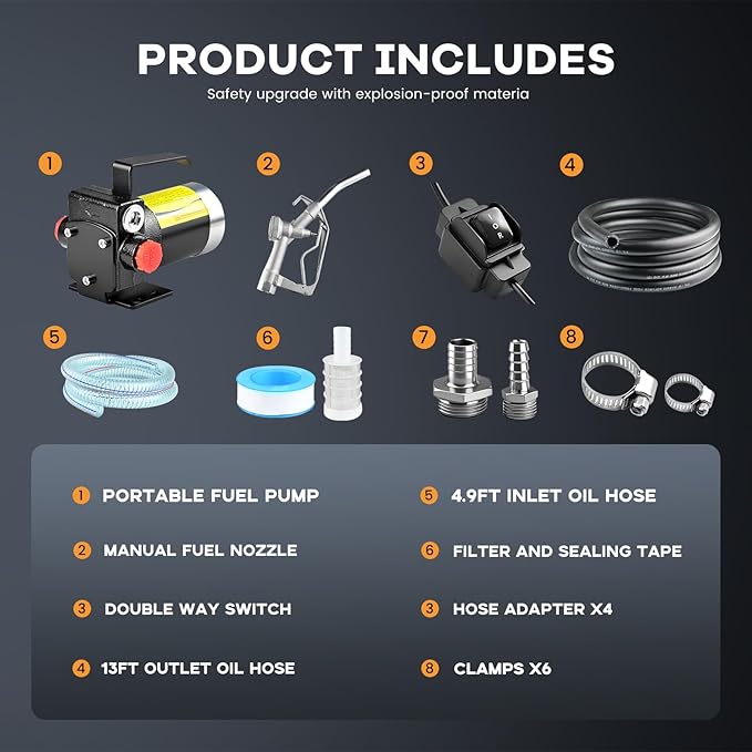 12V DC Gasoline Fuel Pump Kit, Self-priming Fuel Transfer Pump, Reversible Pumping, Overheat Protection, Explosion-proof, Suitable for Gasoline, Diesel, Mineral Oil, Kerosene