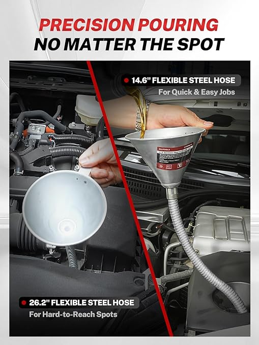 BILITOOLS 3pc Flexible Oil Funnel Kit, Spill-Free Steel System with Filter & Long/Short Hoses + Reusable Flexible Funnel for Automotive Use, Universal for Engine Oil, Transmission Fluid, Coolant