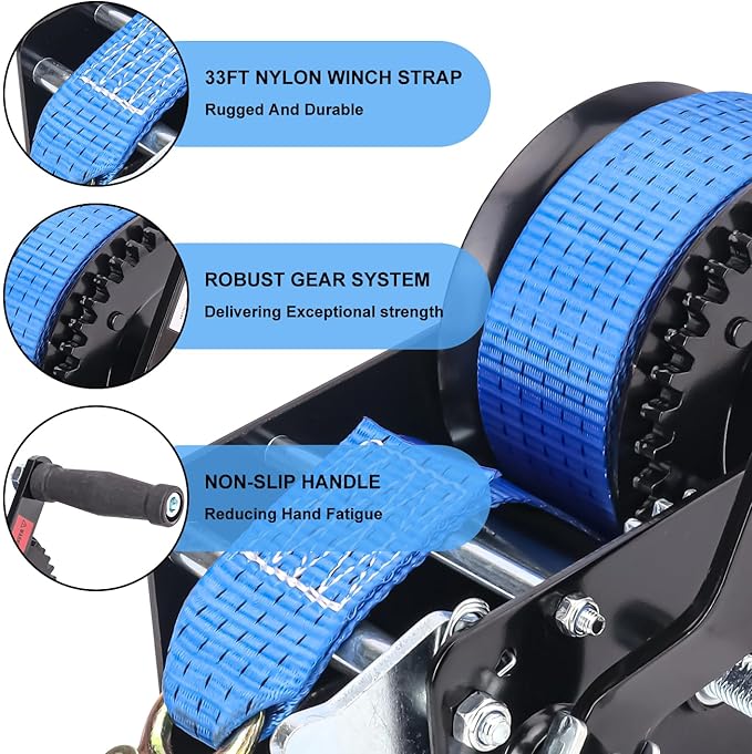 3500 LBS Boat Towing Winches with 33FT Blue Strap, 4:1/8:1 Gear Trailer Winch for Boats, Heavy Duty Hand Crank Boat Towing Winch, Ideal for Boat Trailer, Jet Ski, RV, and ATV