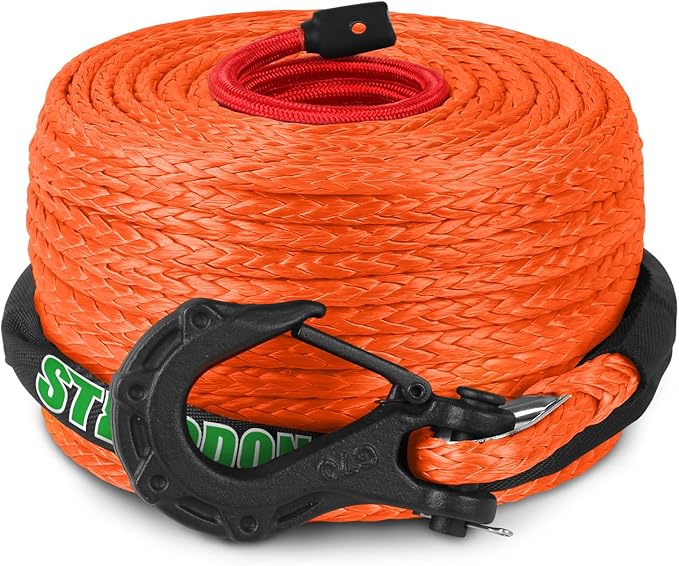 Synthetic Winch Rope, 3/8" x100ft 23809LBS Dyneema Winch Rope 3/8 Heavy Duty Winch Cable with Protective Sleeve Forged Winch Hook for 4WD Off Road Vehicle Truck SUV (Orange)