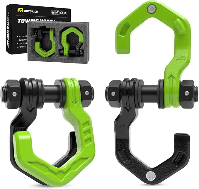 D Ring Shackles, 3/4" Separate Shackles with 7/8" Pin, Heavy Duty Recovery Shackle 57320lbs Break Strength, 4x4 Off-Road Recovery Towing Winch Shackles for Trucks, Black Green 2-Pack