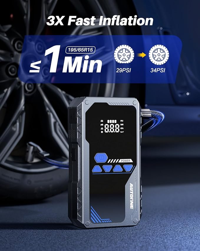 AUTOONE 6000A Jump Starter with Air Compressor (All Gas/10L Diesel), 150PSI Car Jumper Starter Portable, Jump Box Tire Inflator with LED Flashlight, LCD Display, Storage Case