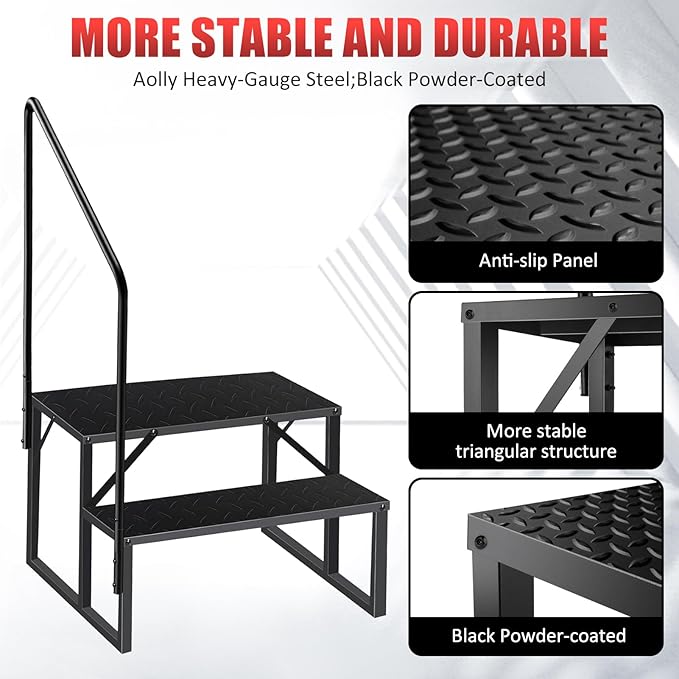 RV Steps with Handrail｜2 Step RV Stairs with Handrail｜Update 3.0 Outdoor RV Ladders with Anti-Slip Pedals｜Mobile Home Stairs for Travel Trailers｜Heavy Duty Camper Steps for Camper, Porch, Spa