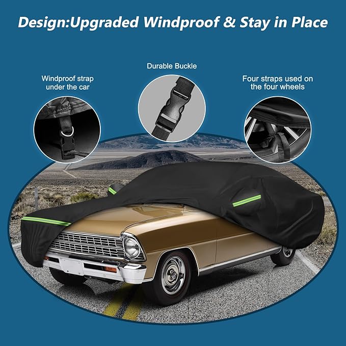 Waterproof Car Covers for Chevrolet II Nova/Nova SS 350/350 SC Sedan/Coupe 1962-1974,420D Oxford Cloth Sun Heat Protection Outdoor Full Covers with Driver Side Zipper Windproof Heavy Duty All Weather