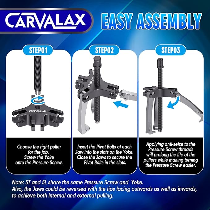 Gear Puller Set, 2T 5T and 5T Wide-Spread - Heavy Duty CR-V Steel 2 & 3 Reversible Jaw Bearing/Pulley Puller – Professional Automotive & Industrial Tool Kit for Mechanics, DIYers