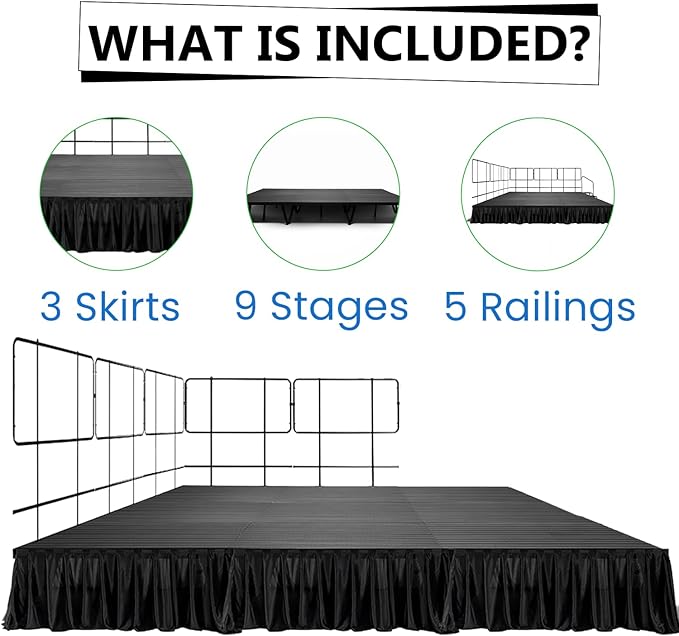 12'x12' Portable Stage with 5 Railings & 3 Skirts - Versatile Platform Modular System - DJ, Drum, Camera Stage Riser - Easy to Carry & Transport