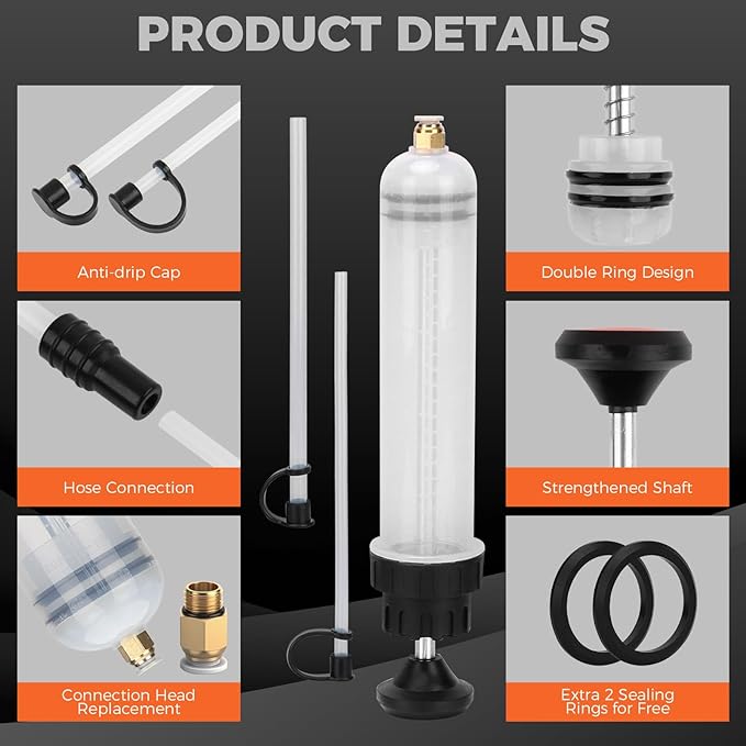 HORUSDY 200cc Fluid Extractor Syringe Oil Pump, Fluid Evacuator with 23" Flexible Hose, 12" Fine & Coarse Hoses, for Automotive, Motorcycle, Marine & Equipment Maintenance (9PCS)