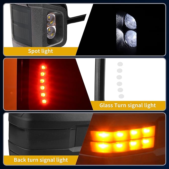 DWVO Towing Mirrors Compatible with 07 08 09 10 11 12 13 Silverado 1500 2500 3500 Tahoe Suburban Avalanche GMC Sierra Yukon Cadillac Folding Power Heated Manual Telescoping LED Turn Signal Light Black