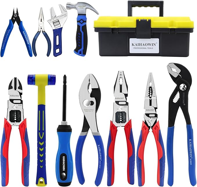 KAIHAOWIN 11-Piece Home Tool Kit with Carry Case - CR-V Steel Pliers Set, Wrench, Hammer, Screwdriver & Wire Cutter for DIY Repair, Automotive, Plumbing & Household Maintenance