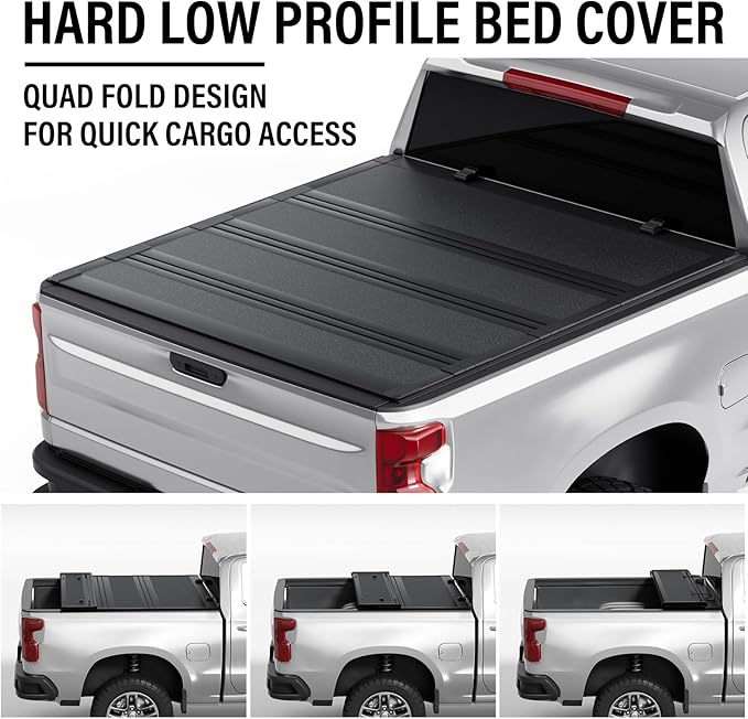 Hard Low Profile Quad-Fold Aluminum Truck Bed Tonneau Cover Compatible with 2019-2026 Chevy Silverado/GMC Sierra 5' 8" Bed (69.6")