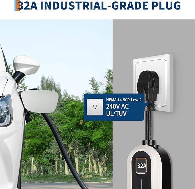 Level 2 EV Charger, 32A 240V Voltage, NEMA 14-50 Plug, 25 ft Cable, Adjustable Current/Delay Timer, SAE J1772 Listed Portable Electric Car Charger for Indoor/Outdoor Use
