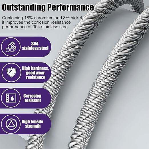 1/4 Stainless Steel Cable, 50ft Wire Rope with Wire Rope Clamps and Thimble, 6400lbs Breaking Strength, 7X19 Strands Aircraft Cable for Yard Zipline, Deck Railing, Boat Lifts
