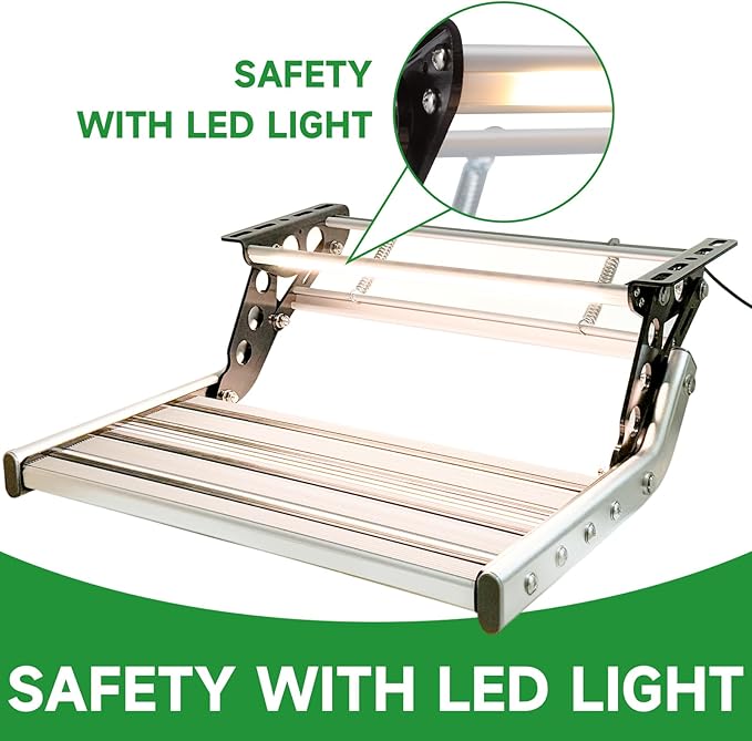 Just-V RV Camper Steps Single Drop Down Steps One-Hand Expand or Collapse Manual RV Stairs Folding Stable Ladders with Non-Slip Rubber Feet and Luminous Tape Glow Holds Up to 450 lbs