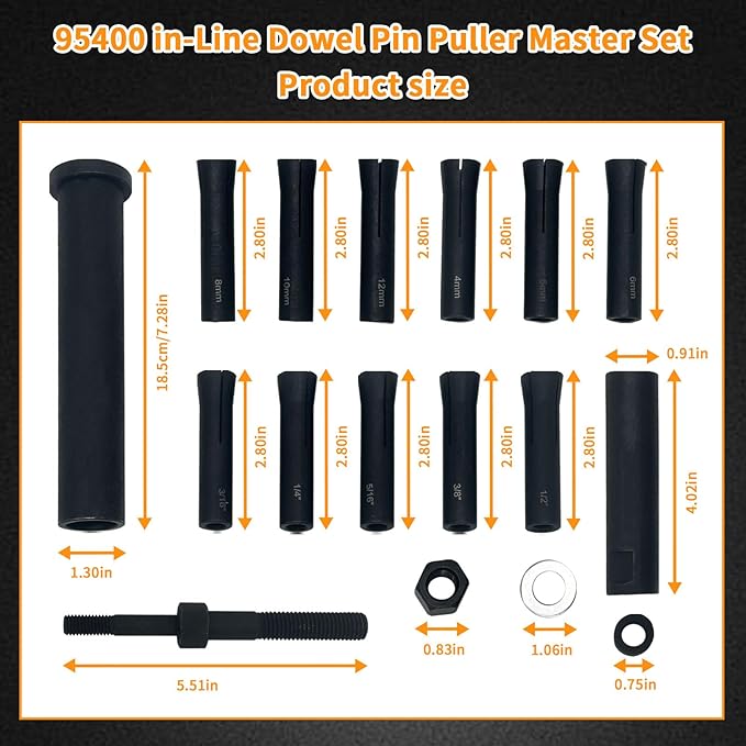 18Pcs 95400 in-Line Dowel Pin Puller Master Set Dowel Dismantling Tools Includes Both SAE and Metric Collets, SAE Set: 1/2″, 1/4″, 3/8″, 3/16″ ,5/16″; Metric Set: 4mm, 5mm, 6mm, 8mm, 10mm, 12mm