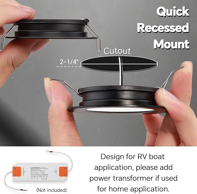 acegoo RV Recessed Ceiling Light 2-3/4” 12V Dimmable LED Puck Light for Campervan Truck Caravan Boat Roof Under Cabinet Lighting, Flush Mount Cutout 2-1/4" (Black,Warm White) 4 Pack
