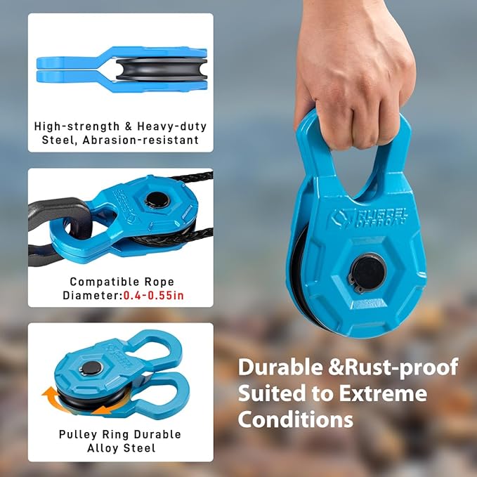 RUGCEL WINCH Snatch Block 12T, Heavy Duty Recovery Winch Pulley Compatible with Synthetic Rope & Steel Cable,E-Coated Blue Finish, for Truck, Tractor, ATV & UTV (12T-Blue)