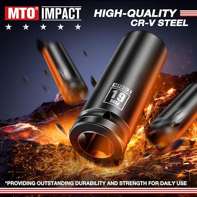 MTO 1/2" Drive 19mm Deep Impact Socket, 6-Point Metric Socket for Automotive Maintaince, CR-V Steel Meets ANSI Standards