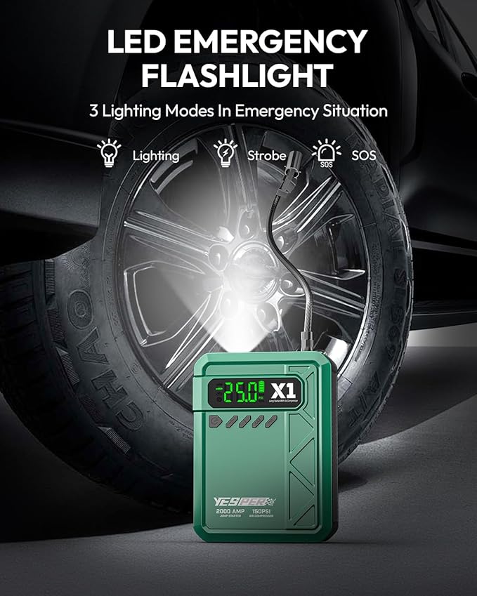 YESPER Jump Starter with Air Compressor 2000A 150PSI Battery Jumper Starter Portable(8L Gas/6L Diesel), 12V Car Jump Pack Battery Charger Jump Box with Jumper Cables, LCD Display, Lights