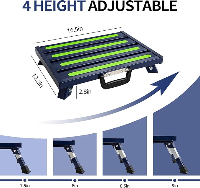 Aluminum RV Steps, 4-Level Adjustable Folding Step Stool with Non-Slip Rubber Feet, Non-Slip Fluorescent Strip Platform Rv Accessories, Supports Up to 1000 lbs - Blue
