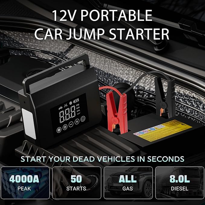 Hieha 4000A Portable Jump Starter with Air Compressor, 12V Car Battery Power (All Gas 8L Diesel) with 150PSI Tire Inflator 15000mAh PowerBank & Quick Charge, Flashlight, Emergency kit for Car, Truck