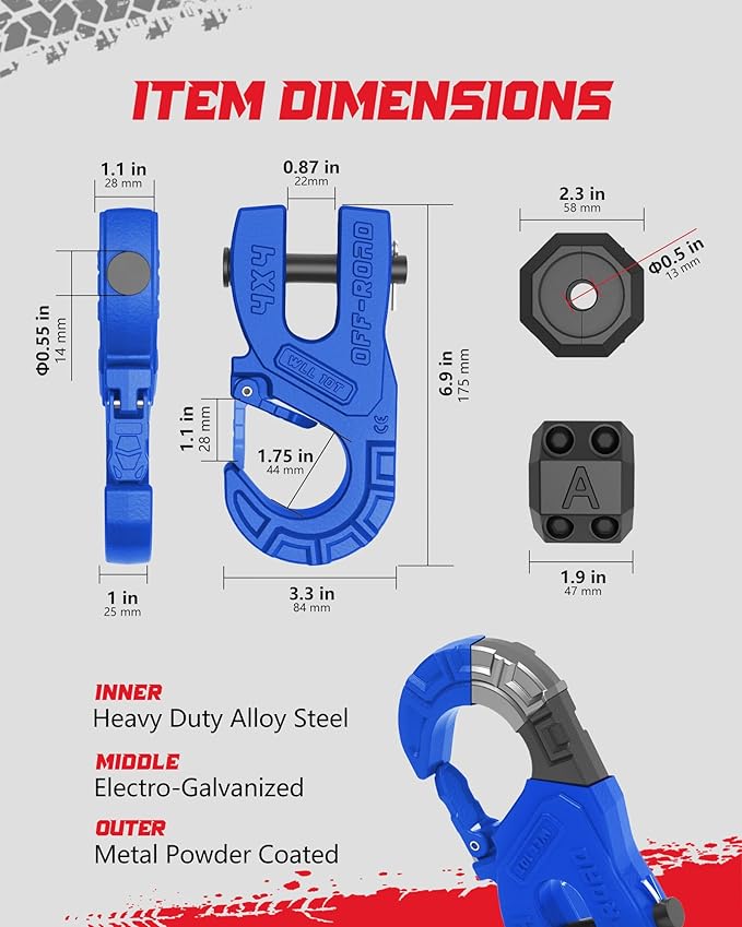 3/8" Tow Winch Hook with Cable Stopper, 10T Winch Hook, Upgrade Heavy Duty Forged Steel Winch Hook, 31967lbs Max Strength, Clevis Clip Hook Set for Synthetic Rope, Off-Road Vehicle, Blue