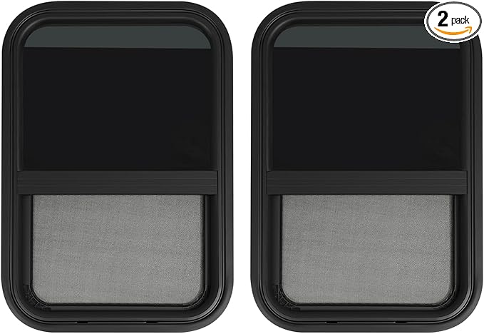 2 Pack 15" W x 22" H RV Window Vertical Sliding, DOT Certified - Shatterproof Tempered Tinted Glass, with Net Screen and Trim Ring, Teardrop Replacement Trailer Camper Window