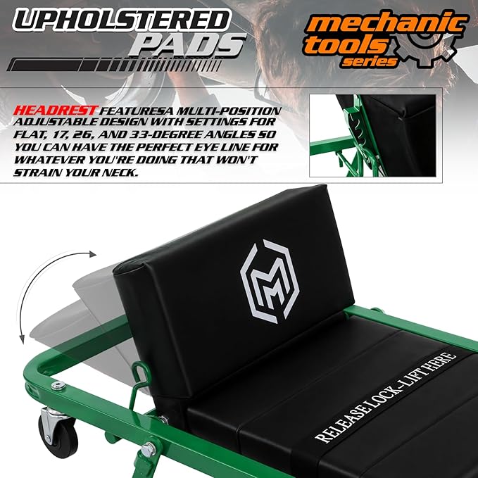 M-AUTO Heavy-Duty Convertible Mechanic Creeper, 48" Padded Adjustable Headrest Roller Garage Chair with 7 Swivel Casters for Washing, Detailing, Maintenance, Green