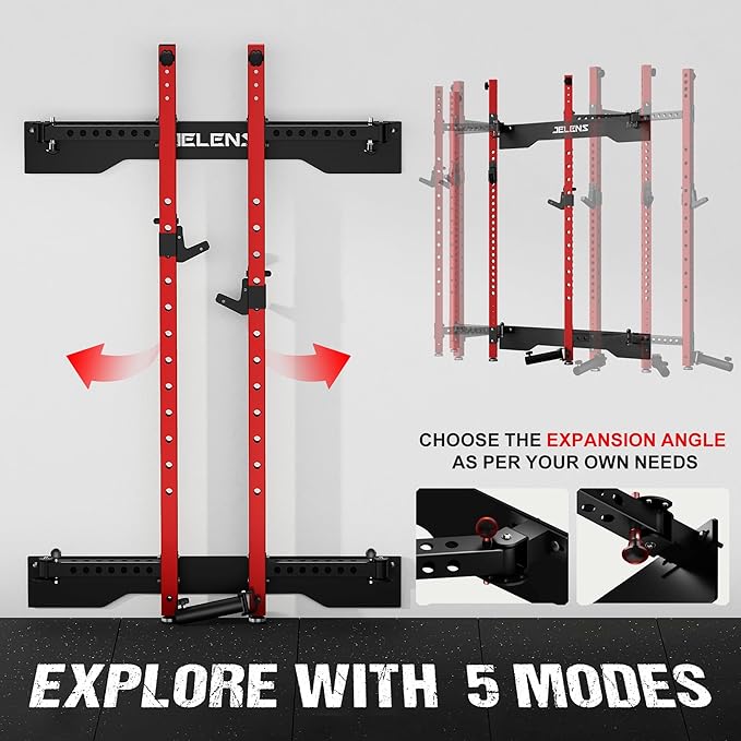 Folding Squat Rack, Wall Mounted Power Rack for Home Gym, Space Saving Multi-Functional Power Cage with Attachments