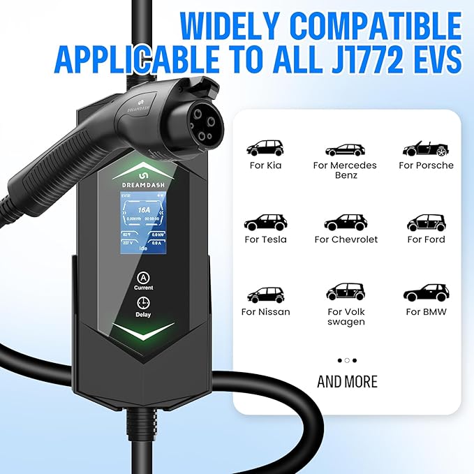 Portable Level 2 Ev Charger for All SAE J1772 EVs, 25ft ETL Listed Electric Vehicle Charger, Smart Adjustable 6-16A,120-240V, Timer Function,Weatherproof IP66 with NEMA 6-20 Plug