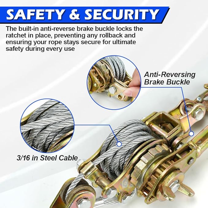 Zipline Tensioning Kit, Cable Winch Puller with Cable Grip Steel Wire Puller & 2 Hooks, Portable Steel Cable Puller for 3/16" to 1/2" Cable, Zipline Cable Tensioner Kit