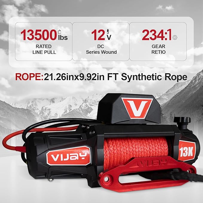 Winch-13000 lb. Load Capacity Electric Winch Kit 12V Synthetic Rope,Waterproof IP67 Electric Winch with Hawse Fairlead, with Wireless Handheld Remote and Corded Control Recovery（Red）