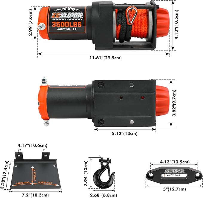 ZESUPER 3500 lb Waterproof Winch Electric Winch Kit, ATV UTV Trailer Winch 12V with Synthetic Winch Rope,Hawse Fairlead,Wireless Remote Handheld Remote Control,Mounting Plate