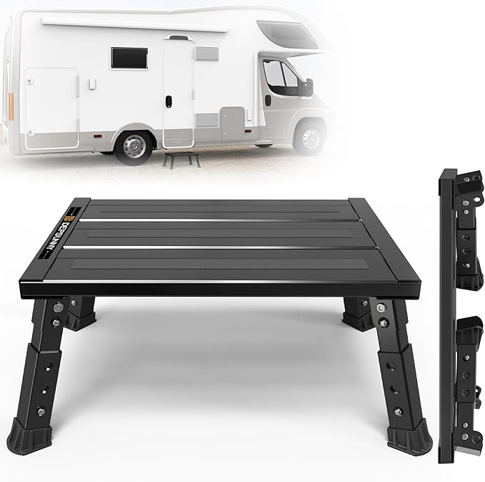Adjustable RV Step Stool, 3-Step Height Adjustment, Foldable Legs, Wide Anti-Slip Surface,Supports Up to 1,000 lb, Premium Aluminum Construction Easy to Carry