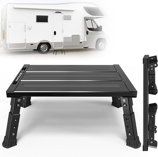 Adjustable RV Step Stool, 3-Step Height Adjustment, Foldable Legs, Wide Anti-Slip Surface,Supports Up to 1,000 lb, Premium Aluminum Construction Easy to Carry