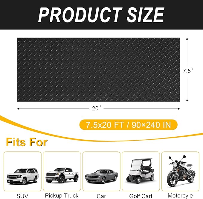 7.5x20 FT Garage Floor Mat, Flooring Roll with 20Pcs Tapes, 150 sqft Diamond Plate PVC Rubber Trailer Mat, Non-Slip Floor Mat for Garage, Warehouse, Gyms, Trailer, Pickup Truck (Black)