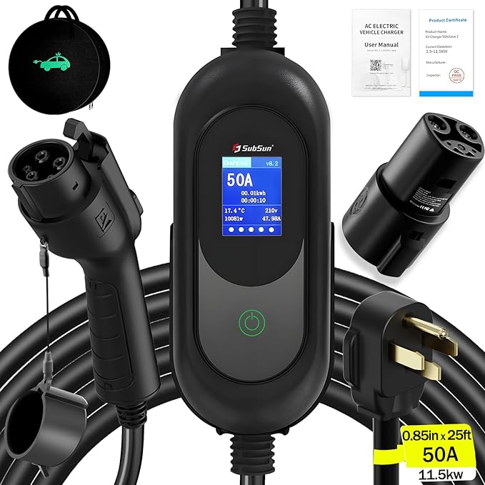 SubSun Tesla Level 2 Charger 50Amp,240V Portable EV Charging for All North American EVs Includes J1772 and Tesla, 25FT EV Charging Cable with NEMA 14-50 Plug (with Tesla Adapter)