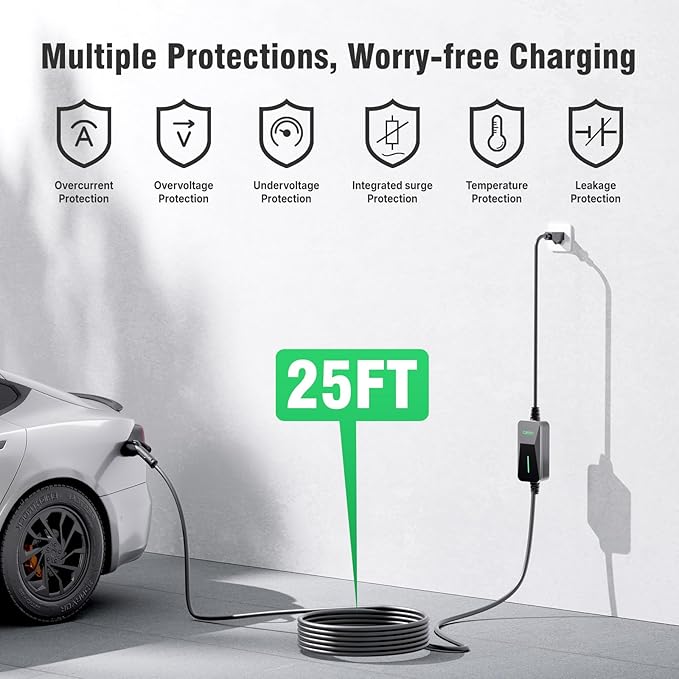 CALION Level 1&2 EV Portable Charger - 16A, Compatible with J1772 EVs, NEMA 6-20P (240V) & 6-20P to 5-15P Adapter (120V), 25FT Cable, LED Light, No Screen, Various Protections