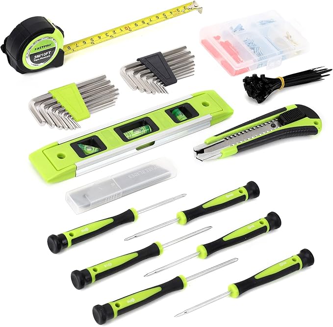 FASTPRO 215-Piece Home Repairing Tool Set with 12-Inch Wide Mouth Open Storage Bag, Household Hand Tool Kit, Green