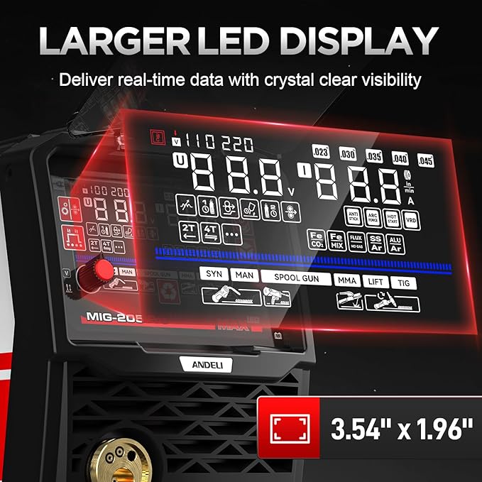 ANDELI 205A MIG Welder, [Large LED Display] 6-In-1 Multi Process Gas MIG/Flux Core MIG/Spool Gun MIG/Spot welding/Lift TIG/Stick Aluminum MIG Welding Machine，110/220V Dual Voltage Welder Machine
