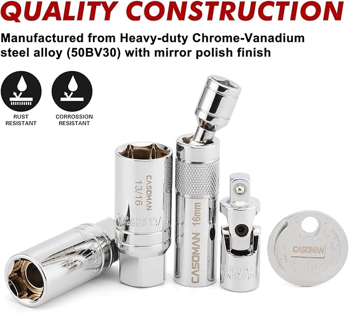 CASOMAN 10PCS 3/8"Drive Magnetic Spark Plug Socket Set, 6PT&12PT, Include Extension Bar, Universal Joint & Spark Plug Gapper, CR-V Steel