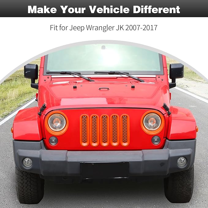 CheroCar for JK Mesh Grille Grill Insert & Headlight Cover Trim Exterior Accessories for Jeep Wrangler JK 2007-2017,Orange…
