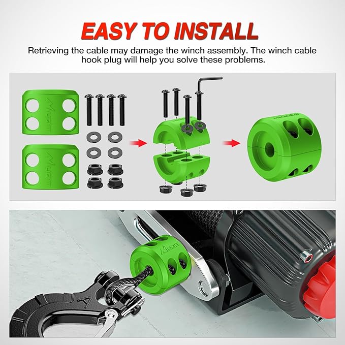 Nilight Winch Stopper for ATV UTV Truck SUV Winch Cable Hook Rubber Stopper Protect Towing Hook Synthetic Rope winch accessories Rope Line Saver with Stainless Steel Screws and Nuts Allen Wrenc, Green